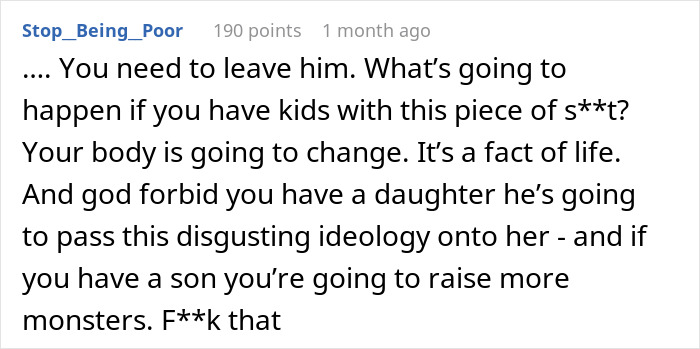 Commenter expressing strong opposition to a man requiring his girlfriend to return to her former weight six years ago. Commenter expressing strong opposition to a man requiring his girlfriend to return to her former weight six years ago.