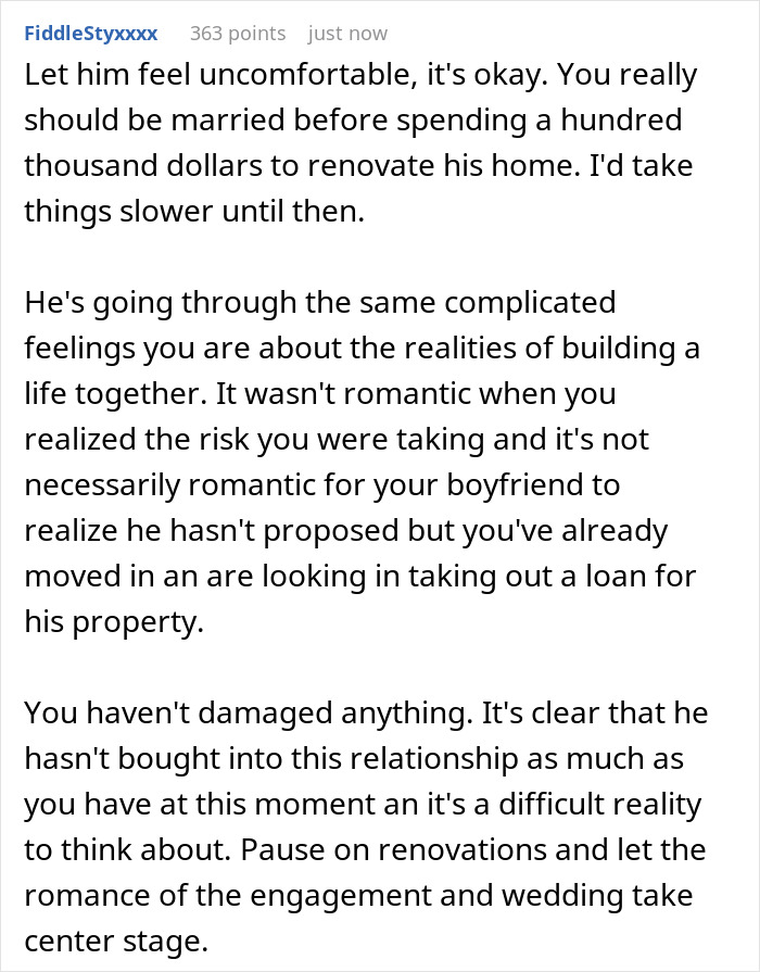 Text message discussing girlfriend refusing to finance boyfriend&rsquo;s $100k renovation without a ring, citing marriage concerns.