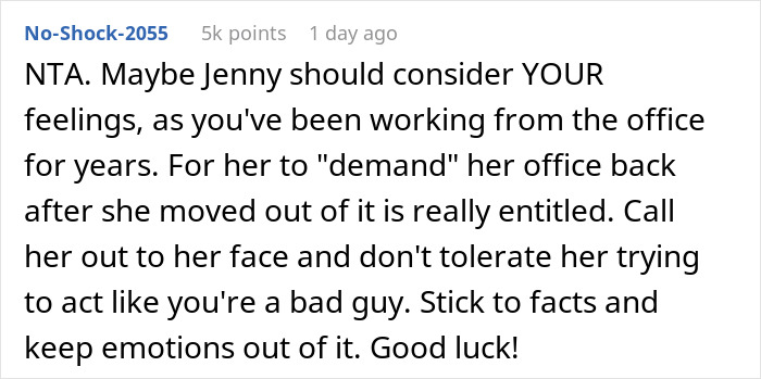 Reddit comment discussing a woman expecting her private office back after working from home for 2 years.