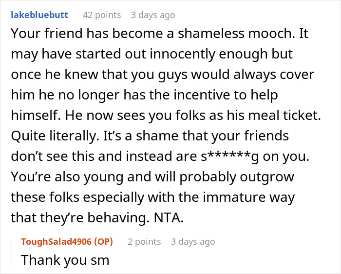 Screenshot of a forum discussion about a friend taking advantage of others at dinner, highlighting mooching behavior. Screenshot of a forum discussion about a friend taking advantage of others at dinner, highlighting mooching behavior.