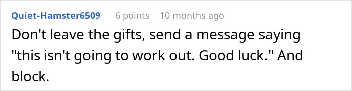 Screenshot of a forum comment advising to send a message and block after buying expensive gifts for boyfriend&rsquo;s kids around Christmas.