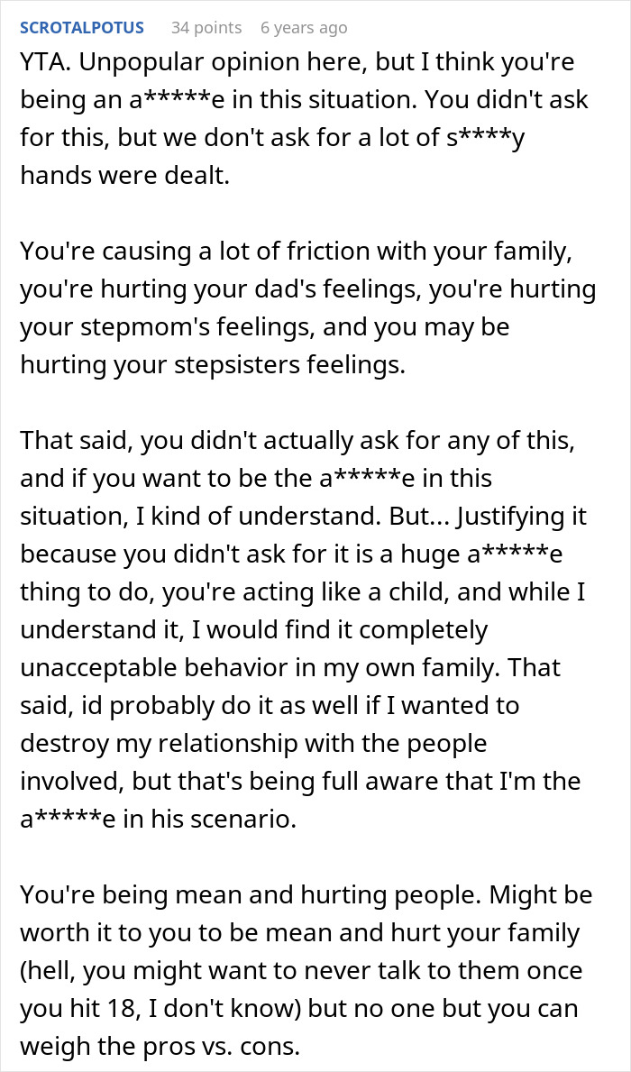 Screenshot of a Reddit comment discussing a sad teen refusing visit to special needs stepsister in hospital.