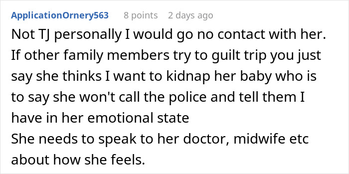 Screenshot of a forum comment discussing a sibling's refusal of newborn nephew care and advice on handling family guilt trips.