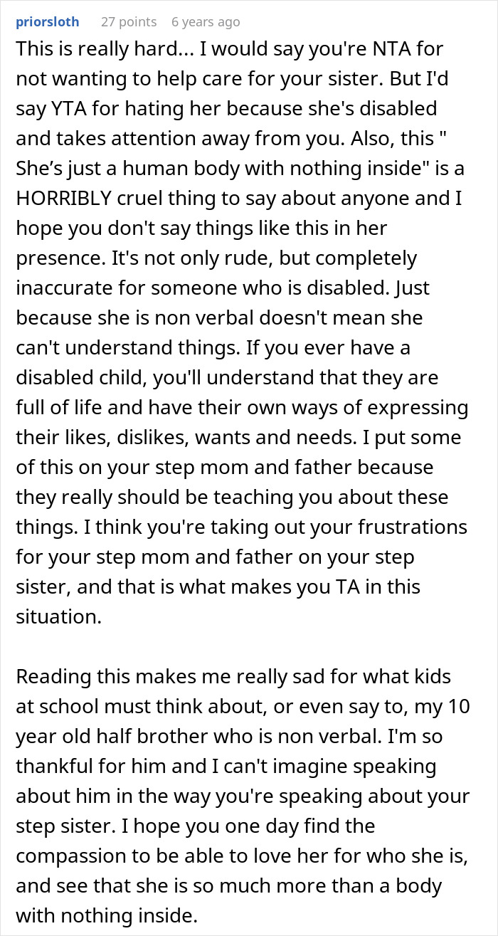 Comment on a forum discussing a sad teen who refuses to visit special needs stepsister in hospital, emphasizing empathy.