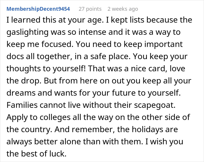 Reddit user sharing advice on handling gaslighting and family dynamics, reflecting a teen&rsquo;s reality check to his father.