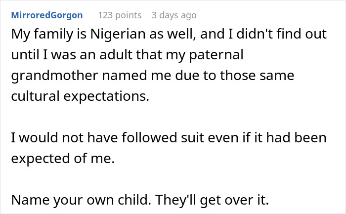 Comment about MIL demanding baby&rsquo;s name honor culture while new mom fights for heritage in recovery.