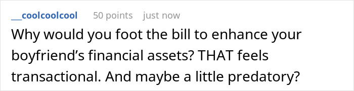 Screenshot of a social media comment discussing the girlfriend not financing boyfriend&rsquo;s $100k renovation without a ring.