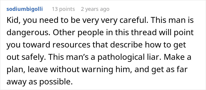 Comment warning about a man lying, describing him as a pathological liar and advising caution and safety measures.