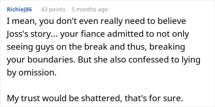 Comment discussing a bride breaking no dating rule during break with groom shocked as maid of honor claims cheating. Comment discussing a bride breaking no dating rule during break with groom shocked as maid of honor claims cheating.