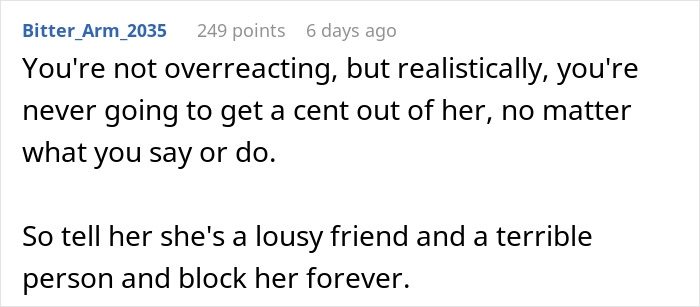 Screenshot of a Reddit comment discussing refusal to pay for a borrowed dress altered without permission.