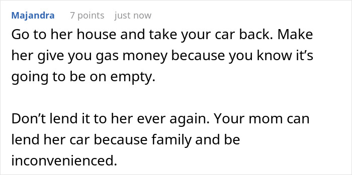 Text advice about reclaiming a borrowed car after it's kept for days and asking for gas money from the borrower. Text advice about reclaiming a borrowed car after it's kept for days and asking for gas money from the borrower.