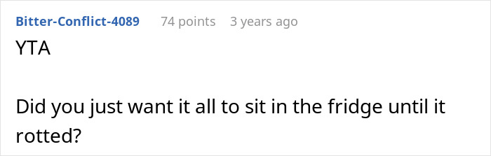 Screenshot of an online comment criticizing a girlfriend for eating all the leftovers, referencing weight gain and conflict.