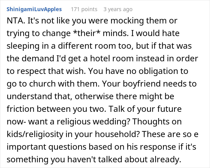 Comment discussing MIL making son's girlfriend sleep in a different room due to religious differences about prayer and church.