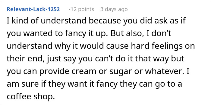 Reddit comment discussing MIL offering to make morning coffee for DIL despite fancy recipe demands and ignoring instructions.
