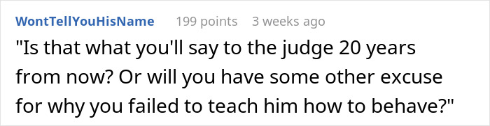 Comment highlighted in a forum discussing a mom refusing to discipline son for bullying a girl, blaming gender instead.
