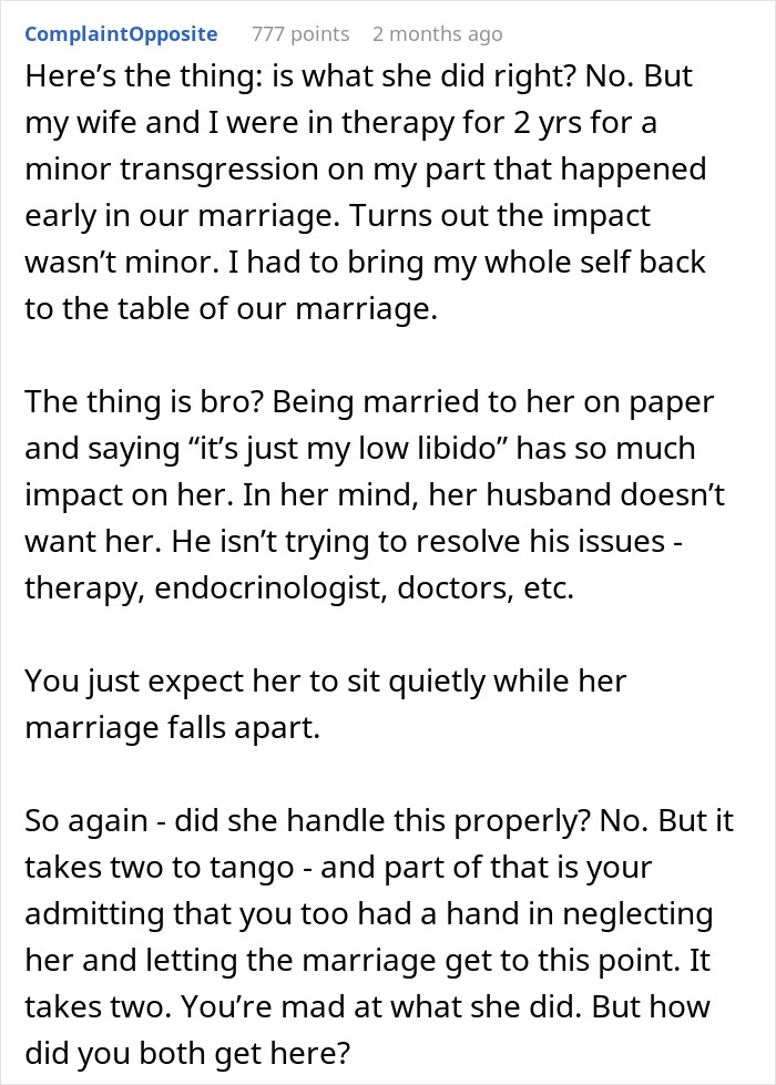 Alt text: Online discussion about husband refusing intimacy for years and impact on marriage and wife finding someone younger.