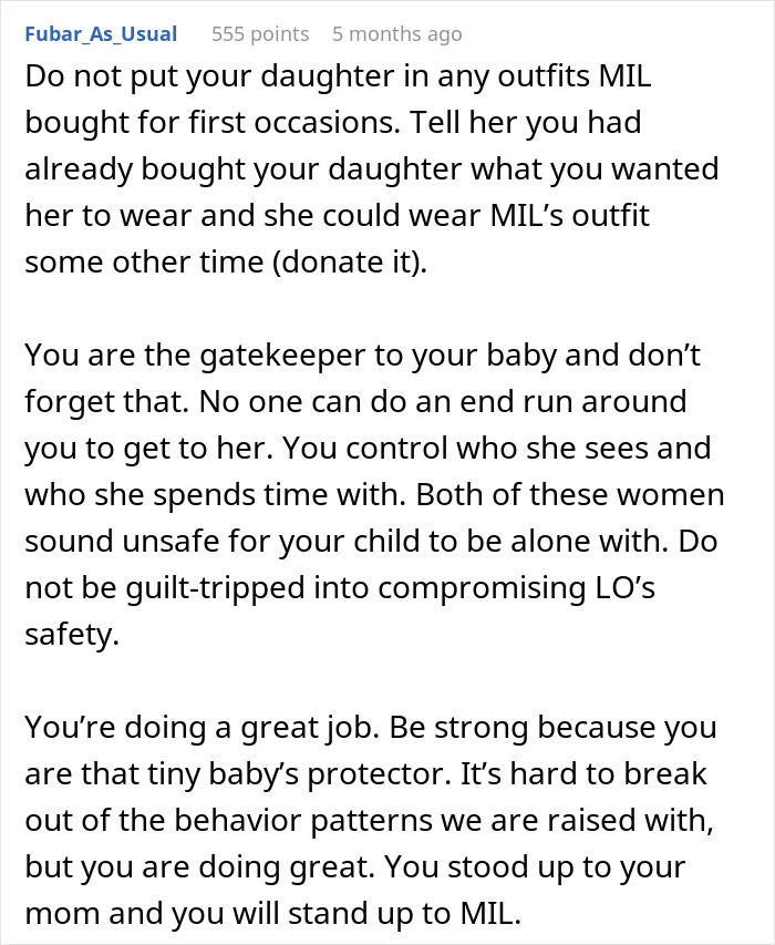 Text post advising moms to control who their baby spends time with and explaining discomfort leaving baby alone with mom or MIL.