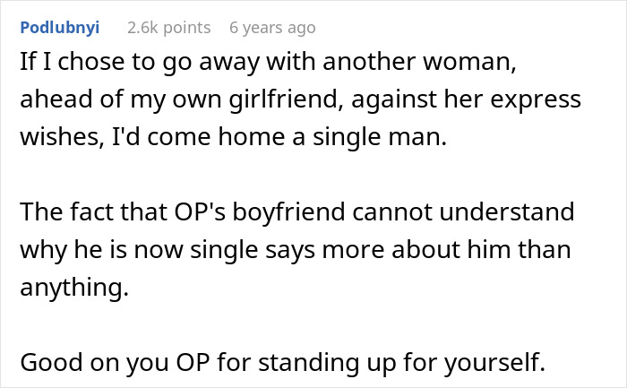 Text post showing a comment about a guy refusing to accept break-up after a romantic trip with a female friend. Text post showing a comment about a guy refusing to accept break-up after a romantic trip with a female friend.