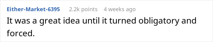Comment by user Either-Market-6395 with 2.2k points discussing how a birthday money family chat became obligatory and forced.