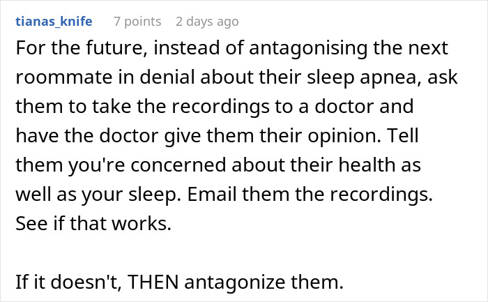 Comment advising to address roommate&rsquo;s snoring by involving a doctor to protect health and improve sleep quality.