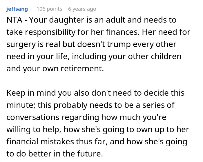 Comment discussing daughter money responsibilities and surgeries, emphasizing financial accountability and planning for future needs.