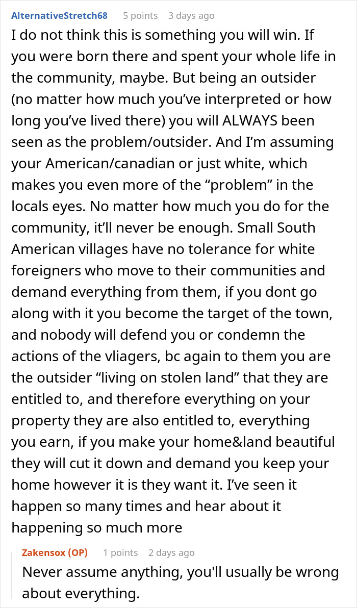 Text discussion about being seen as an outsider in a community, touching on neighbor conflicts and local tensions.