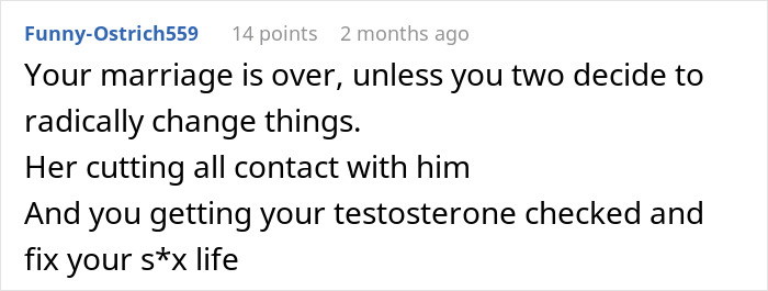 Screenshot of a Reddit comment discussing marriage issues after husband refuses intimacy for five years.