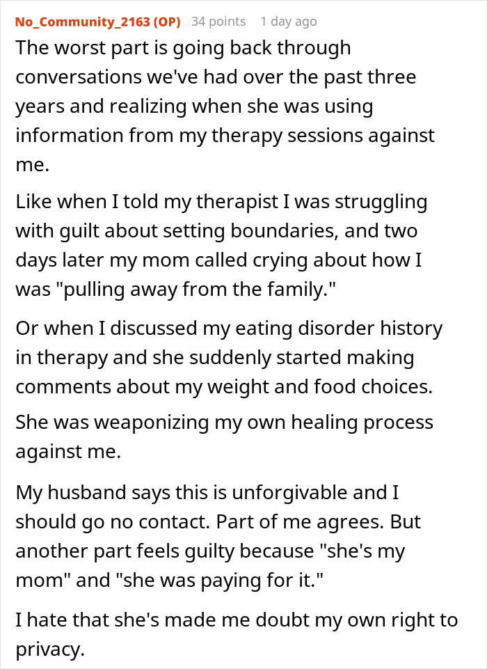 Woman confronting the betrayal and loss of trust after discovering mom spied on her therapy sessions and used it against her.