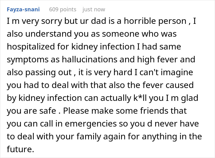 Comment expressing sympathy for woman fighting for her life in hospital and dealing with toxic dad's situation.