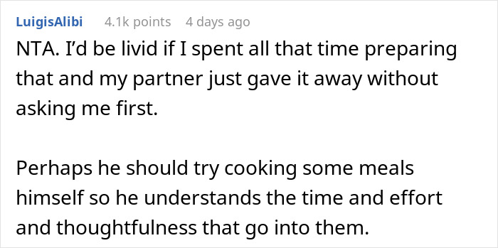 Comment expressing being livid after spending hours cooking roasts that were given away without permission. Comment expressing being livid after spending hours cooking roasts that were given away without permission.