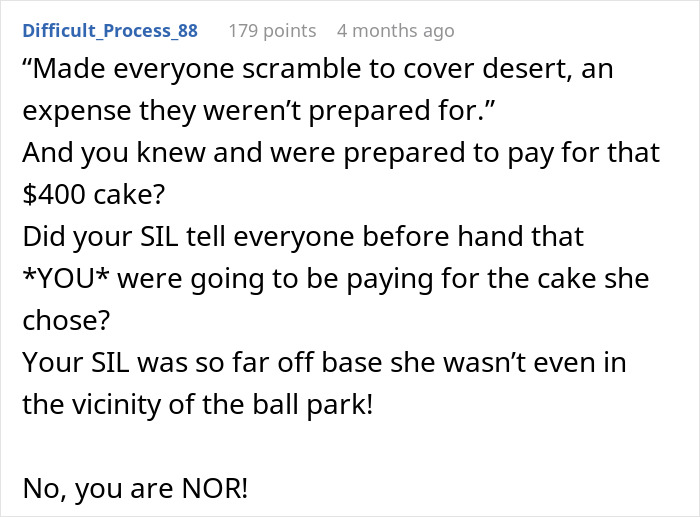 Screenshot of a Reddit comment discussing a rich man refusing to pay for a cake his sister-in-law ordered secretly.