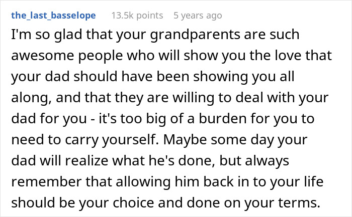 Comment expressing support for teen who leaves home after dad chooses his girlfriend, discussing adoption and family struggles.