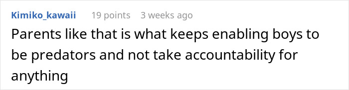 Comment on parenting and bullying, addressing refusal to discipline son and gender-based blame at the playground.