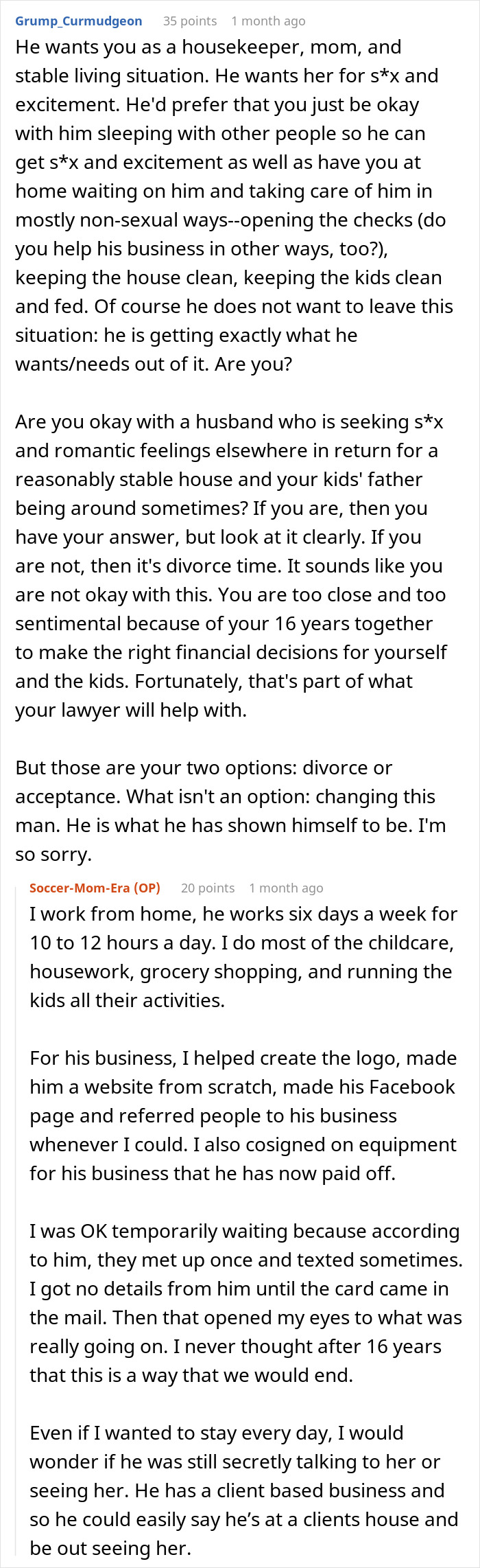 Screenshot of a Reddit conversation about a man wanting to be single but not divorced, finding a girlfriend, and getting dumped.