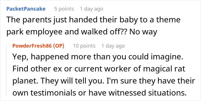 Screenshot of an online discussion about a theme park worker left carrying an unknown baby for 30 minutes as parents vanish.