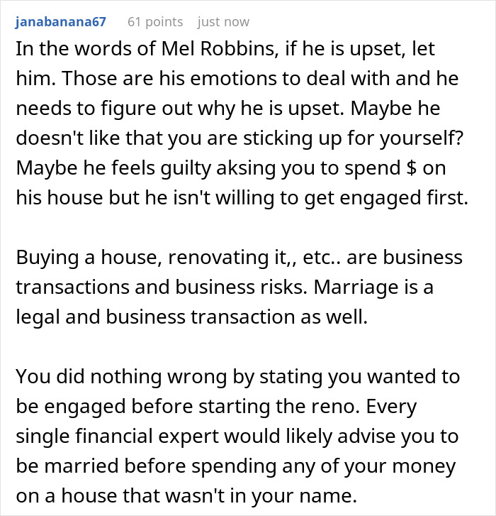 Comment about girlfriend not financing boyfriend&rsquo;s $100k renovation without engagement ring, discussing marriage as transaction.