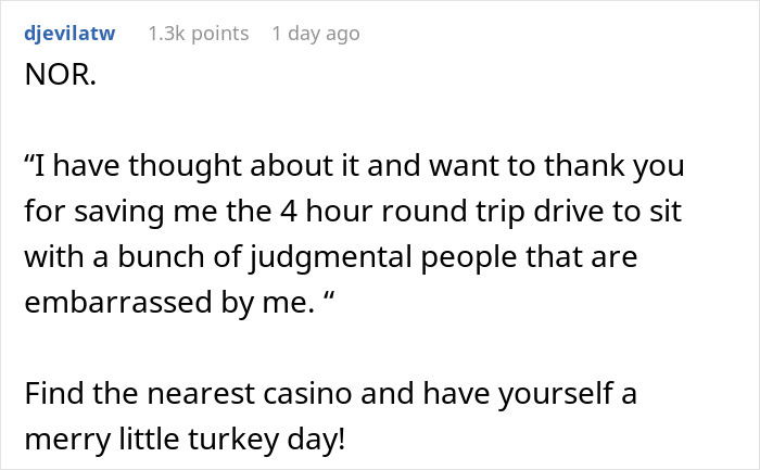 Screenshot of a text conversation where a woman expresses wanting to skip Thanksgiving due to embarrassment from family. Screenshot of a text conversation where a woman expresses wanting to skip Thanksgiving due to embarrassment from family.