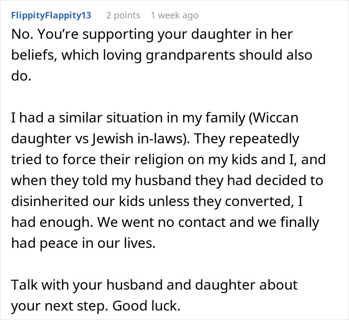 Comment discussing a mom reaching her breaking point as in-laws mock daughter's paganism and bring forbidden foods.