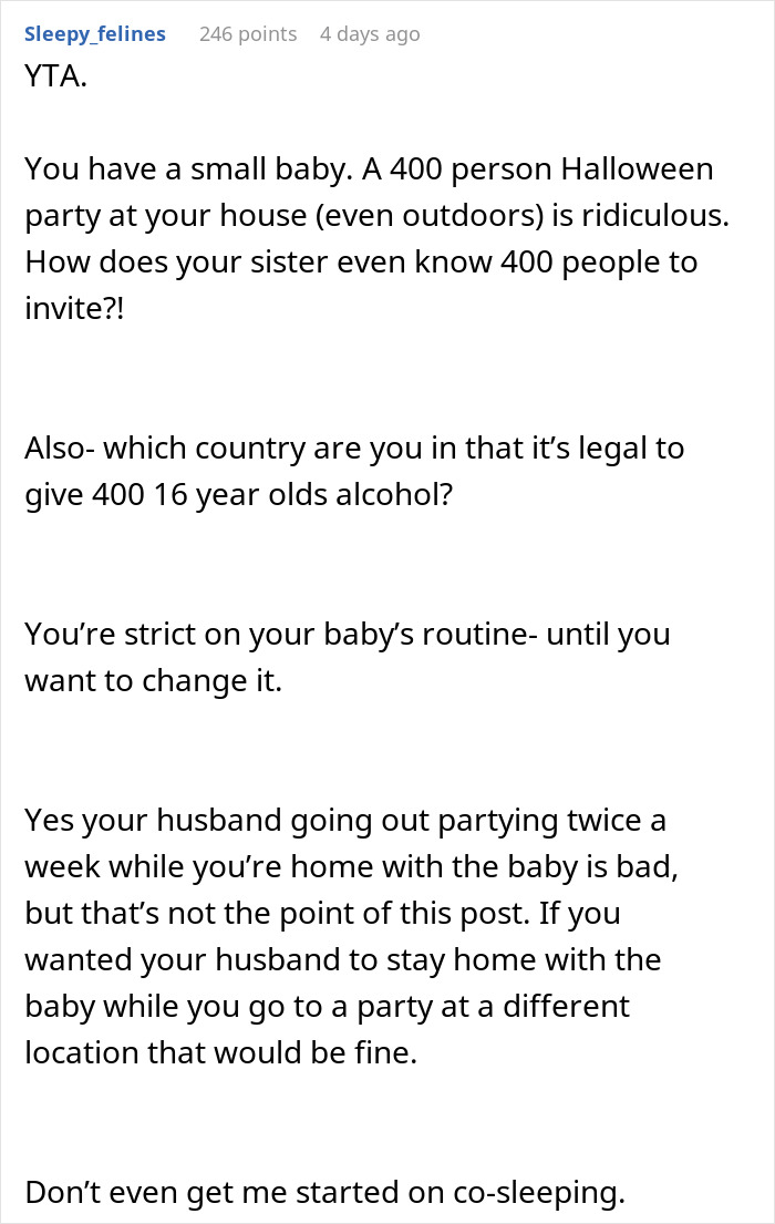 Comment discussing concerns about a baby at a sister&rsquo;s 400-person Halloween party, including noise and safety issues.