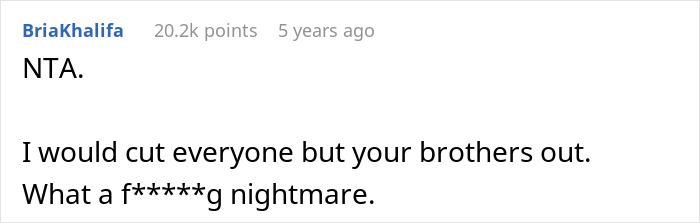 Screenshot of online comment expressing frustration about parents demanding woman give up career opportunity for spoiled sister.