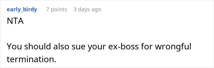 Screenshot of a Reddit comment discussing wrongful termination related to a person’s $1.8K office chair dispute. Screenshot of a Reddit comment discussing wrongful termination related to a person’s $1.8K office chair dispute.