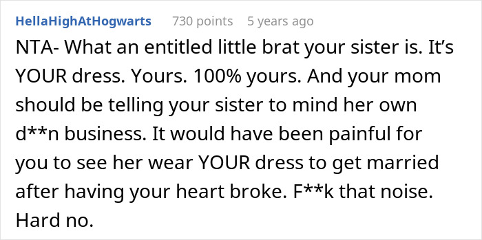 Text post from a forum discussing sister upset about woman remaking her wedding dress instead of giving it to her. Text post from a forum discussing sister upset about woman remaking her wedding dress instead of giving it to her.