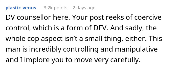 Comment from DV counsellor warning about coercive control and manipulative behavior in suspicious partner situations.
