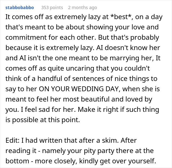 Screenshot of a Reddit comment criticizing wedding vows written using AI like ChatGPT as lazy and uncaring on a wedding day.