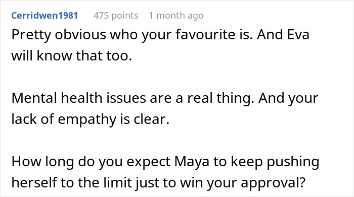 Comment discussing favoritism and mental health concerns related to golden child and younger daughter dynamics. Comment discussing favoritism and mental health concerns related to golden child and younger daughter dynamics.