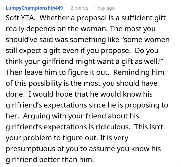 Comment discussing if a man&rsquo;s proposal counts as a Christmas gift and relationship expectations around gifts.