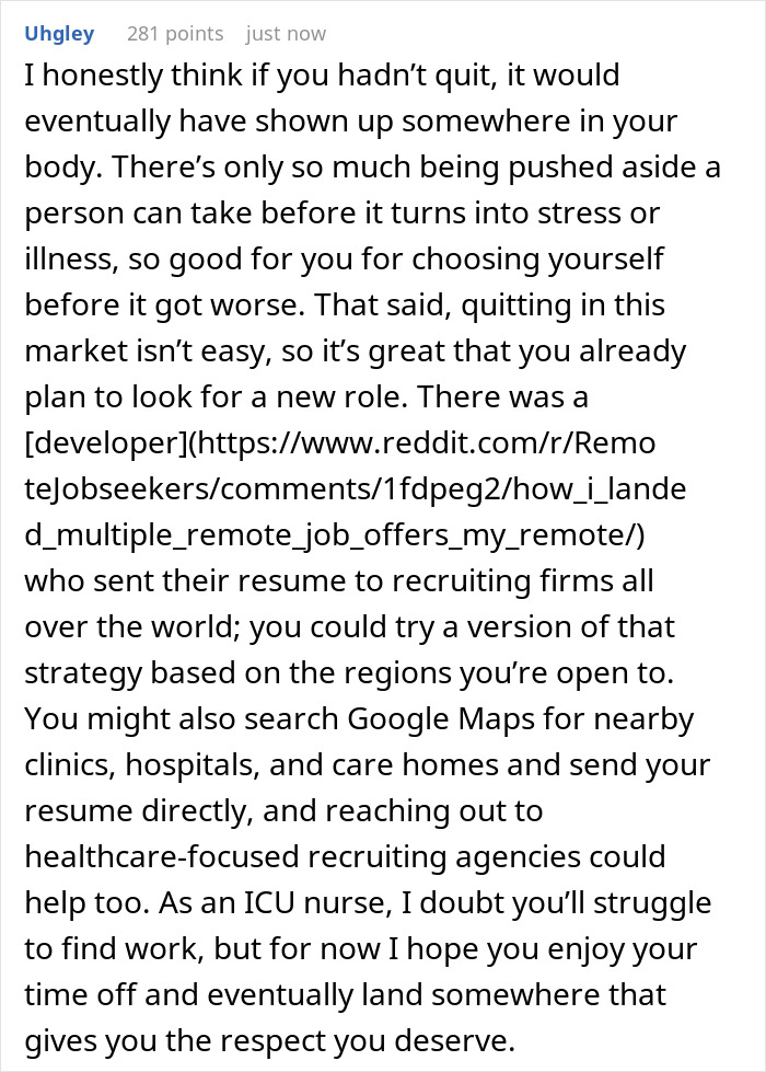 Text post discussing stress from work, quitting challenges, and job search advice for healthcare professionals amid family-first vacation policy issues.