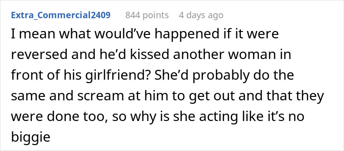 Woman kisses another woman in front of friends, boyfriend upset and confused about wanting to break up after incident.