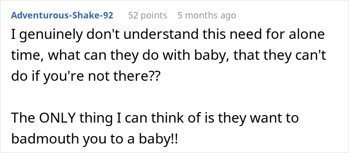 Comment discussing discomfort about leaving baby alone with mom or mother-in-law and concerns about alone time.