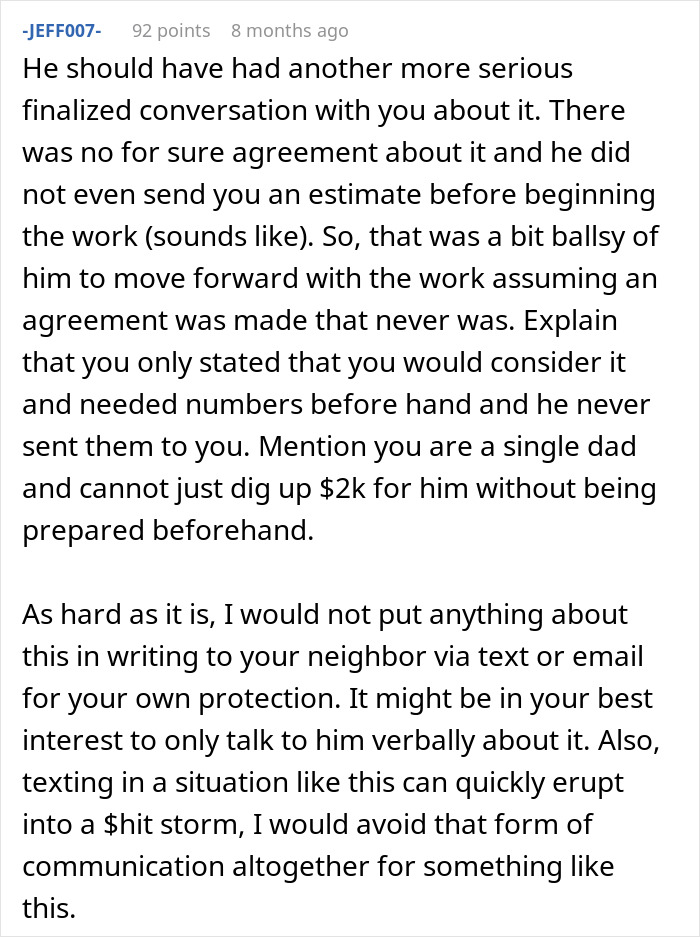 Comment discussing a man refusing to pay $2000 after neighbor replaces rotten fence without agreement.